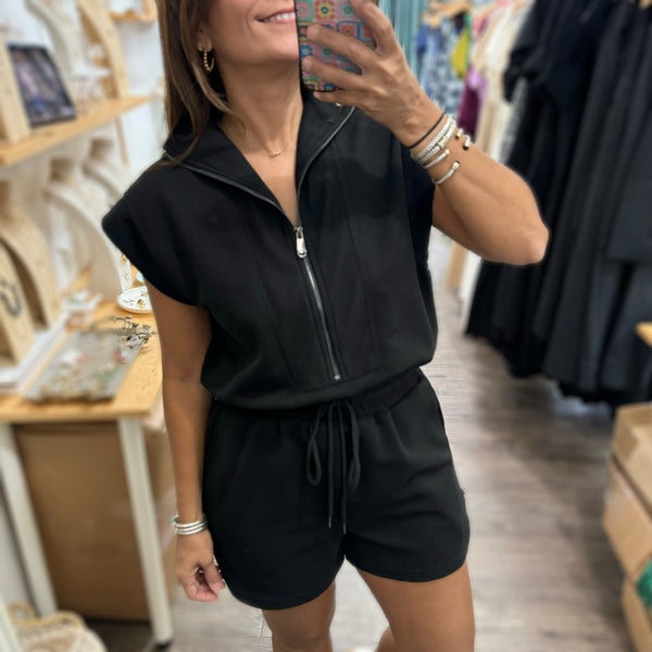 Black Front Zipper Romper - Peplum Clothing