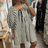 Black & Ivory Stripes Dress - Peplum Clothing