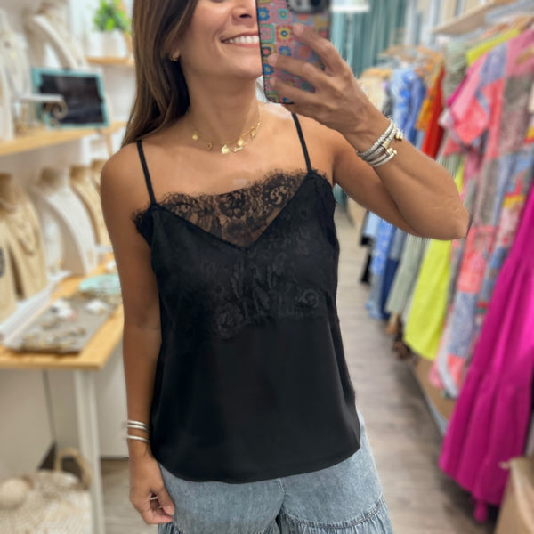 Black Lace Detail Cami Top - Peplum Clothing