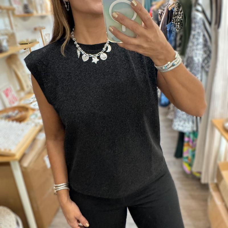 Black Metallic Top - Peplum Clothing