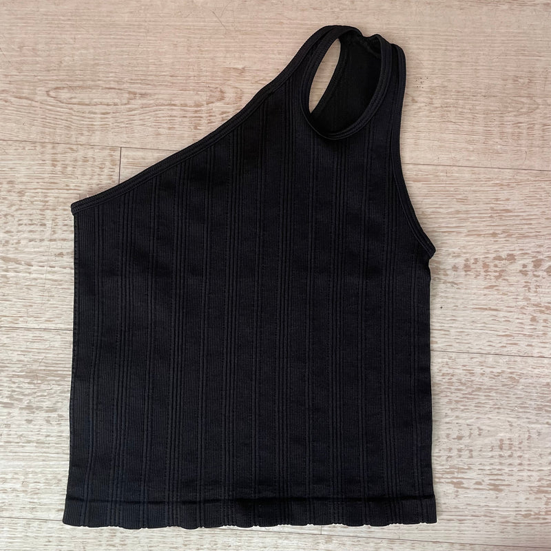 Black One Shoulder Ribbed Tank Top - Peplum Clothing