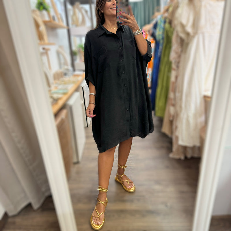 Black Oversized Shirt Dress - Peplum Clothing