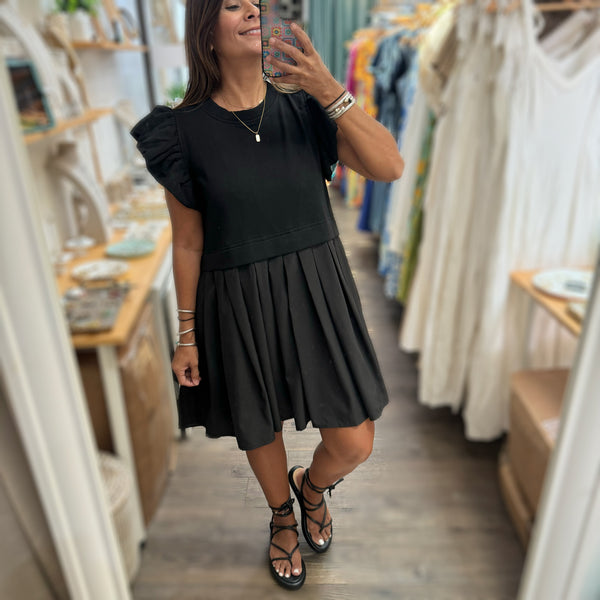 Black Pleated Dress - Peplum Clothing