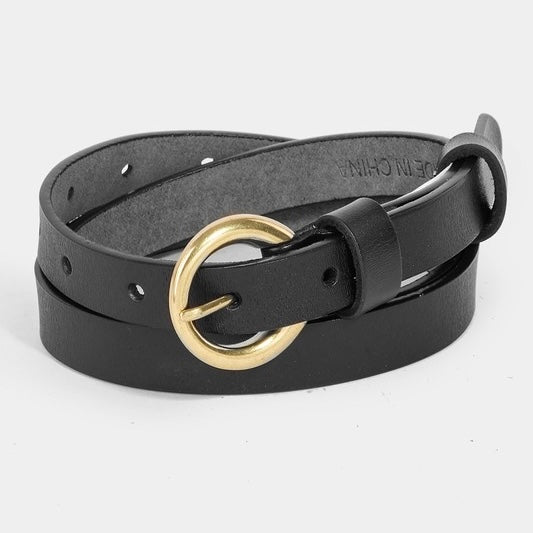 Black Round Buckle Thin Belt - Peplum Clothing
