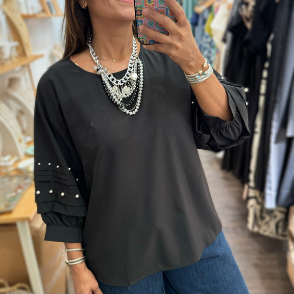 Black Sleeves Detail Top - Peplum Clothing