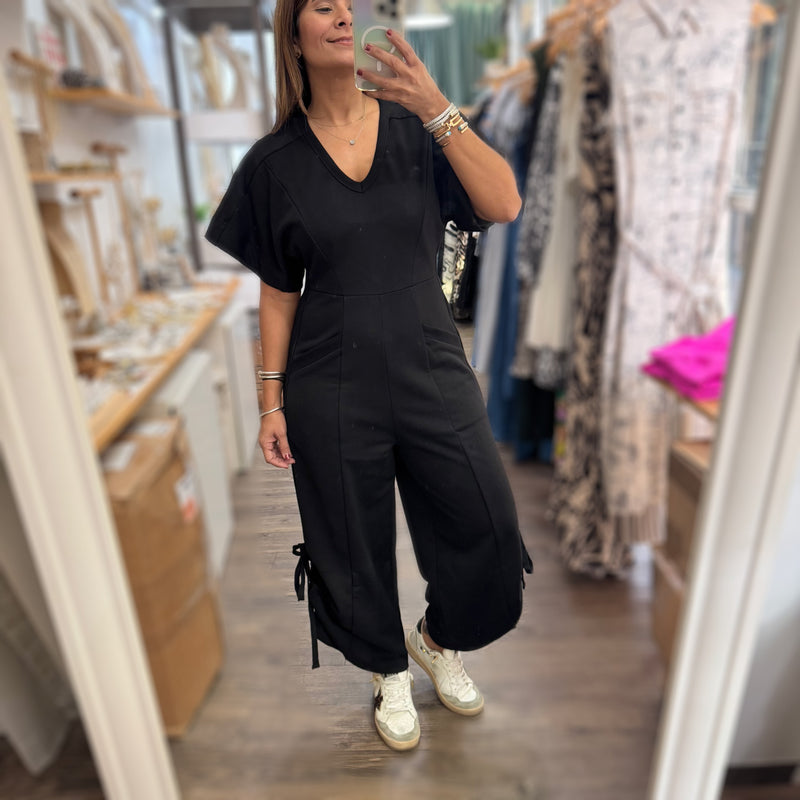 Black V - Neck Jumpsuit - Peplum Clothing