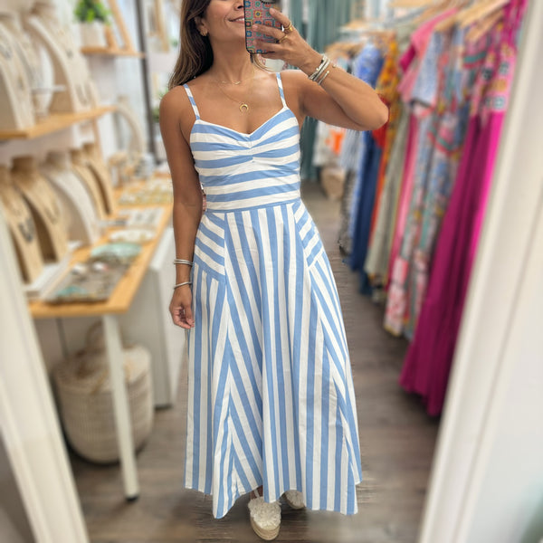 Blue Asymmetrical Stripes Midi Dress - Peplum Clothing
