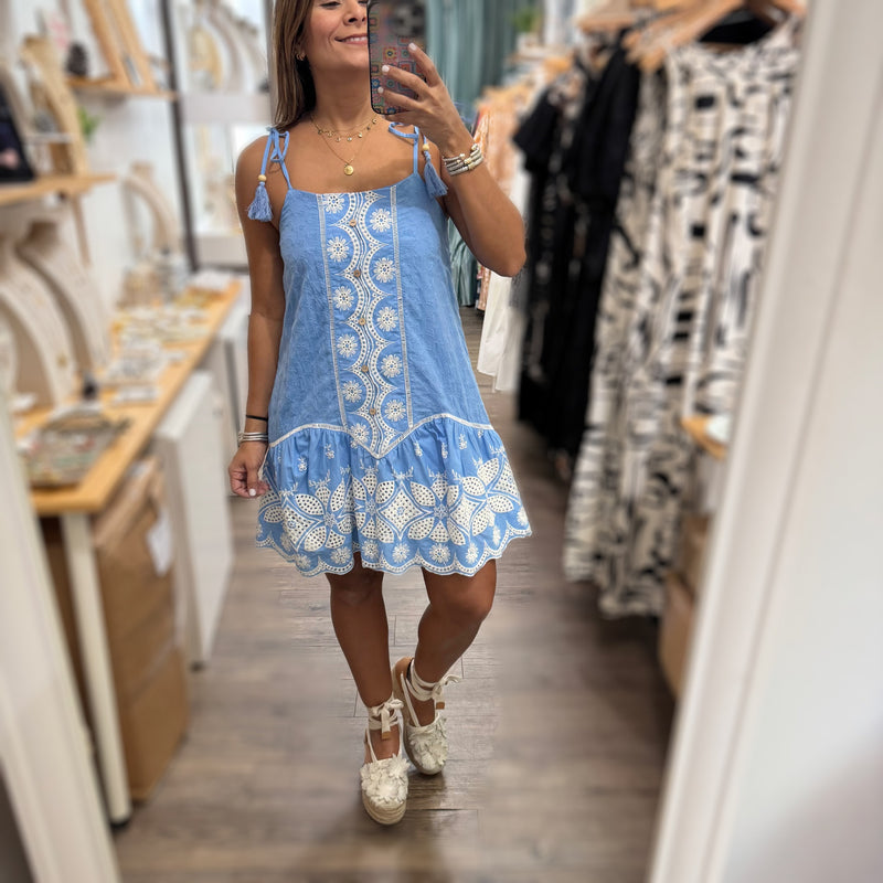 Blue Embroidered Dress - Peplum Clothing