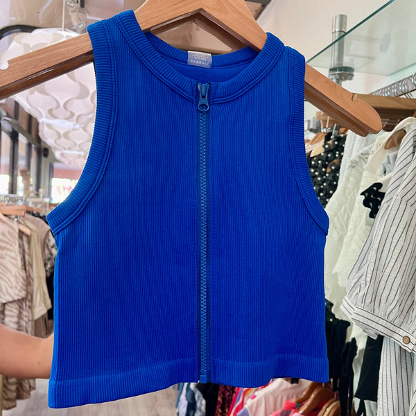 Blue Front Zipper Tank Top - Peplum Clothing