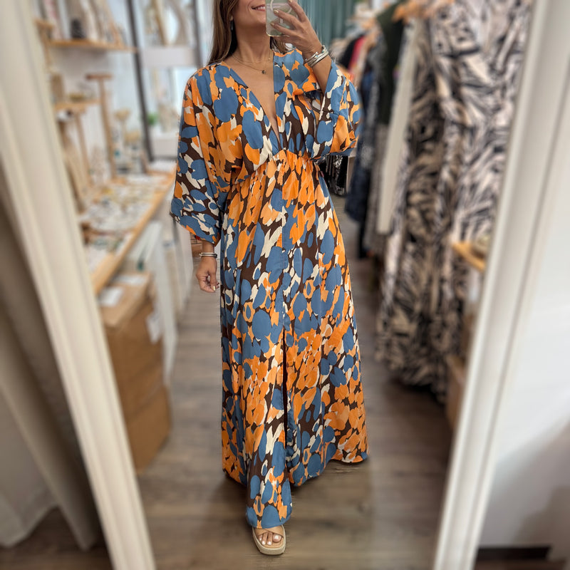 Blue Mix Kimono Sleeves Maxi Dress - Peplum Clothing