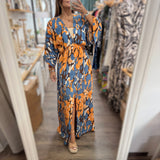 Blue Mix Kimono Sleeves Maxi Dress - Peplum Clothing