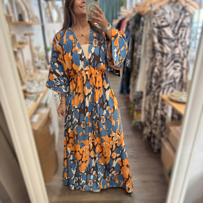 Blue Mix Kimono Sleeves Maxi Dress - Peplum Clothing