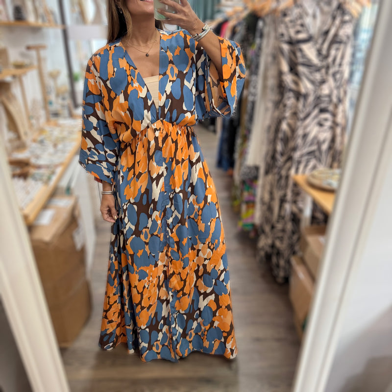 Blue Mix Kimono Sleeves Maxi Dress - Peplum Clothing