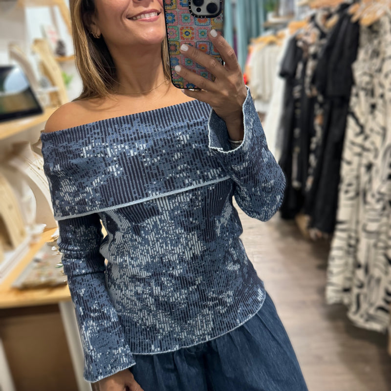 Blue Mix Off Shoulder Top - Peplum Clothing