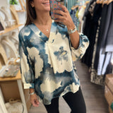 Blue Mix Print Dolman Sleeves Top - Peplum Clothing