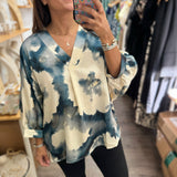 Blue Mix Print Dolman Sleeves Top - Peplum Clothing