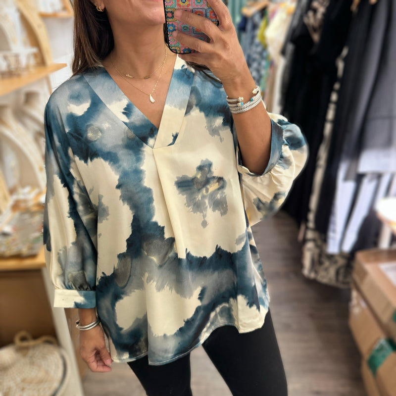 Blue Mix Print Dolman Sleeves Top - Peplum Clothing