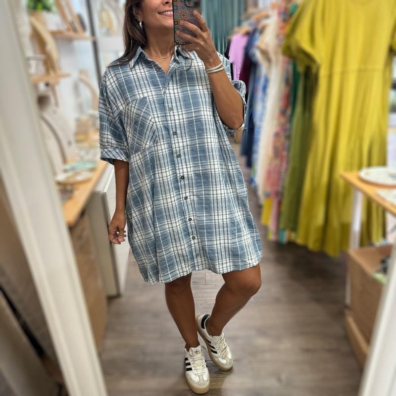 Blue Plaid Shirt Dress - Peplum Clothing