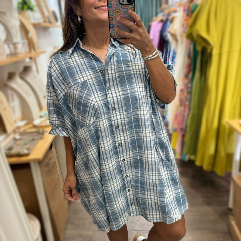 Blue Plaid Shirt Dress - Peplum Clothing