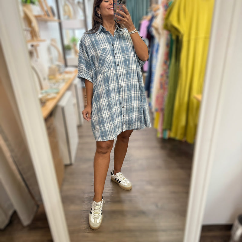 Blue Plaid Shirt Dress - Peplum Clothing