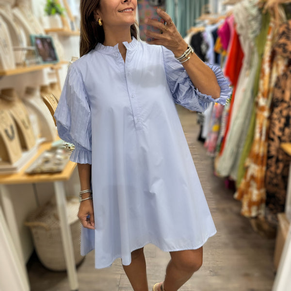 Blue Pleated Sleeves Dress - Peplum Clothing