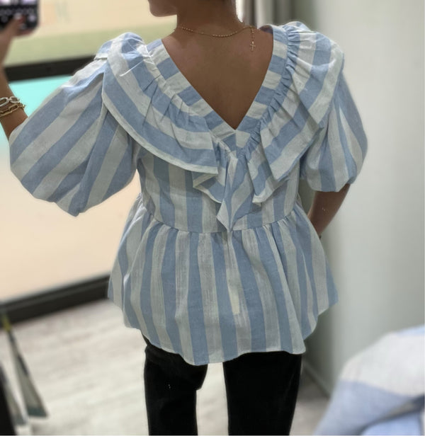 Blue Stripe Ruffled Top - Peplum Clothing