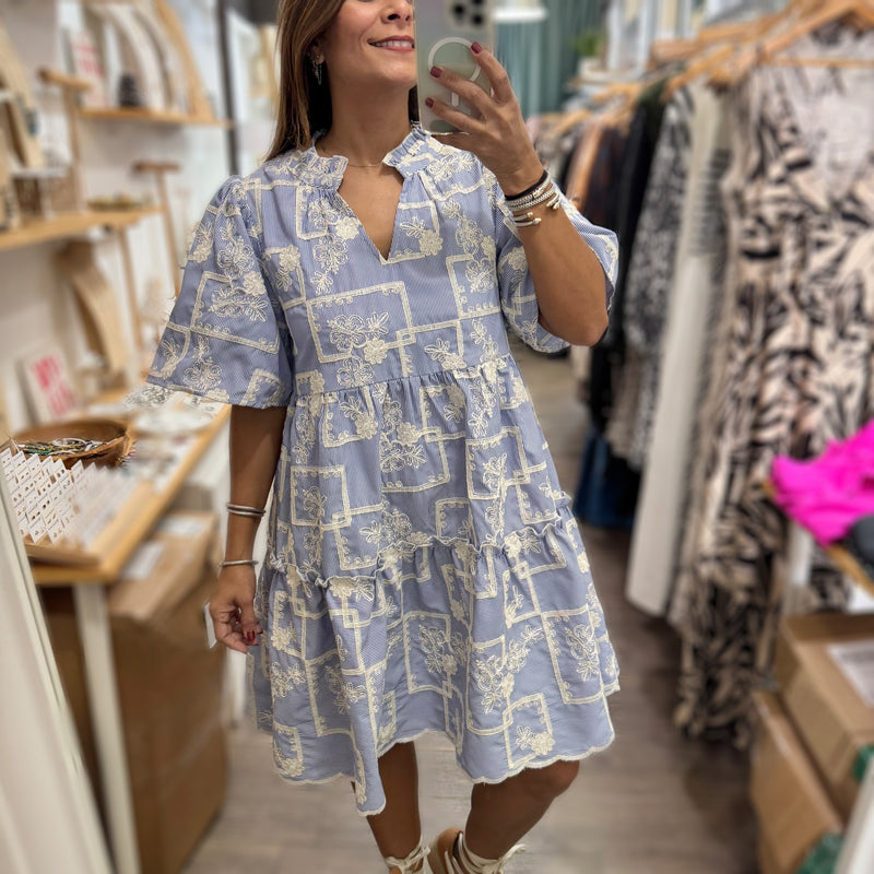 Blue Stripes & Embroidered Tiered Dress - Peplum Clothing