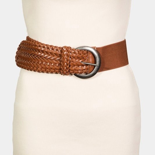 Cognac Faux Leather Braided Belt - Peplum Clothing