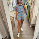 Colorful Flowers Denim Romper - Peplum Clothing