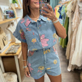 Colorful Flowers Denim Romper - Peplum Clothing