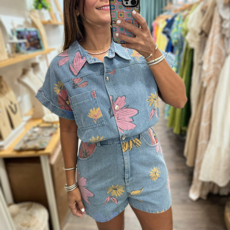 Colorful Flowers Denim Romper - Peplum Clothing