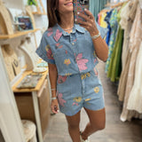 Colorful Flowers Denim Romper - Peplum Clothing