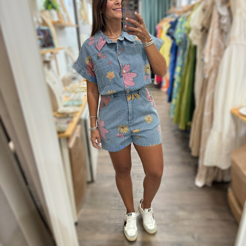 Colorful Flowers Denim Romper - Peplum Clothing