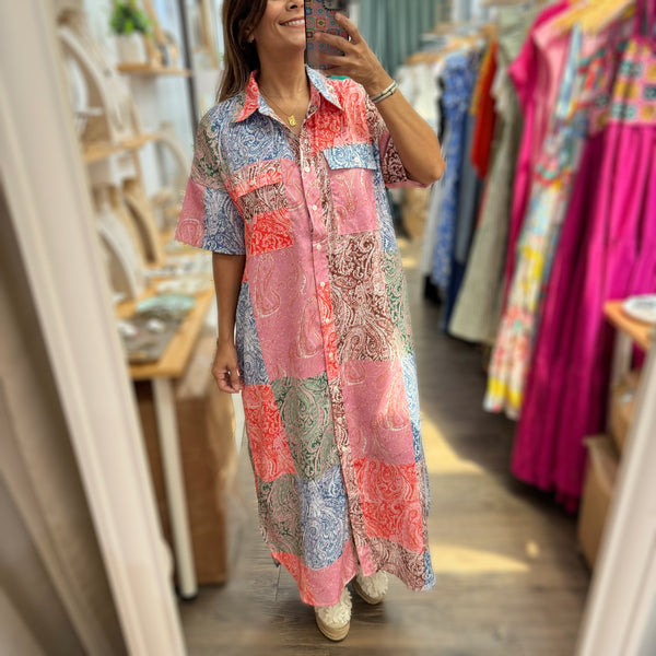 Colorful Patchwork Print Shirt Dress - Peplum Clothing