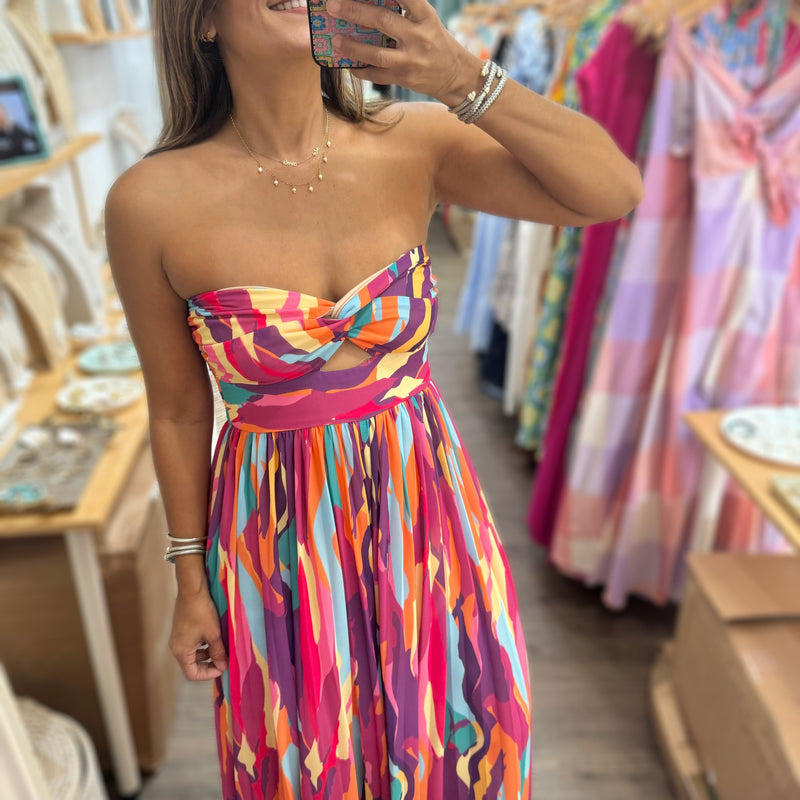 Colorful Print Strapless Jumpsuit - Peplum Clothing