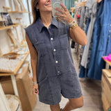 Dark Denim Button Down Romper - Peplum Clothing