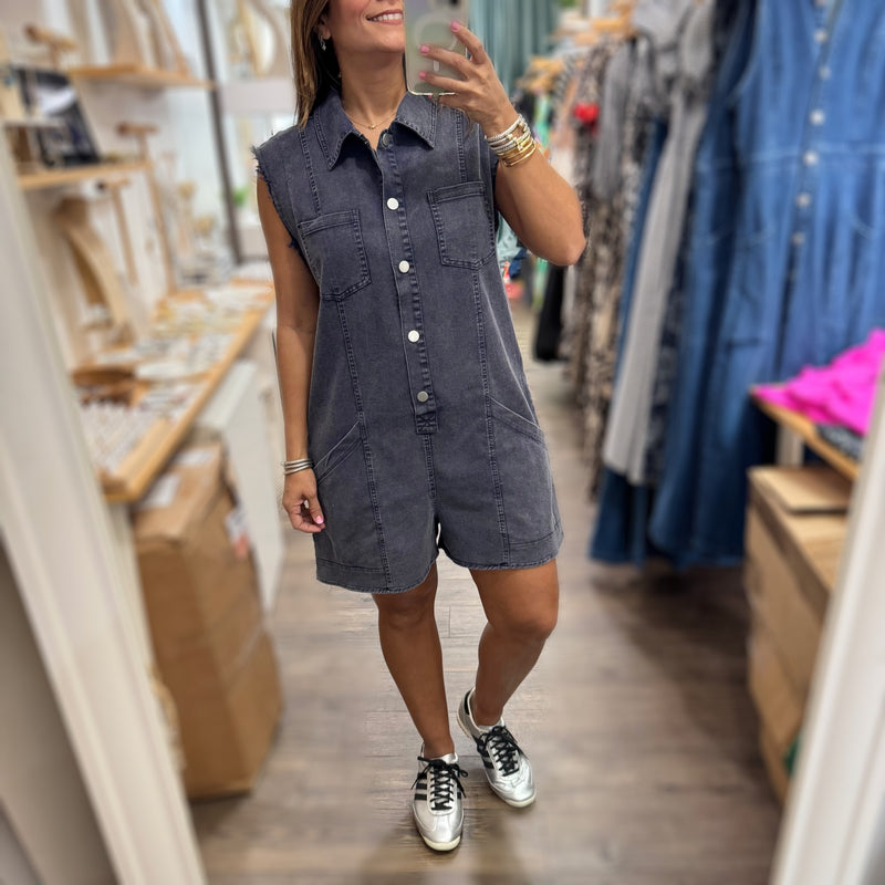 Dark Denim Button Down Romper - Peplum Clothing