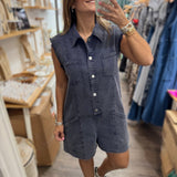 Dark Denim Button Down Romper - Peplum Clothing