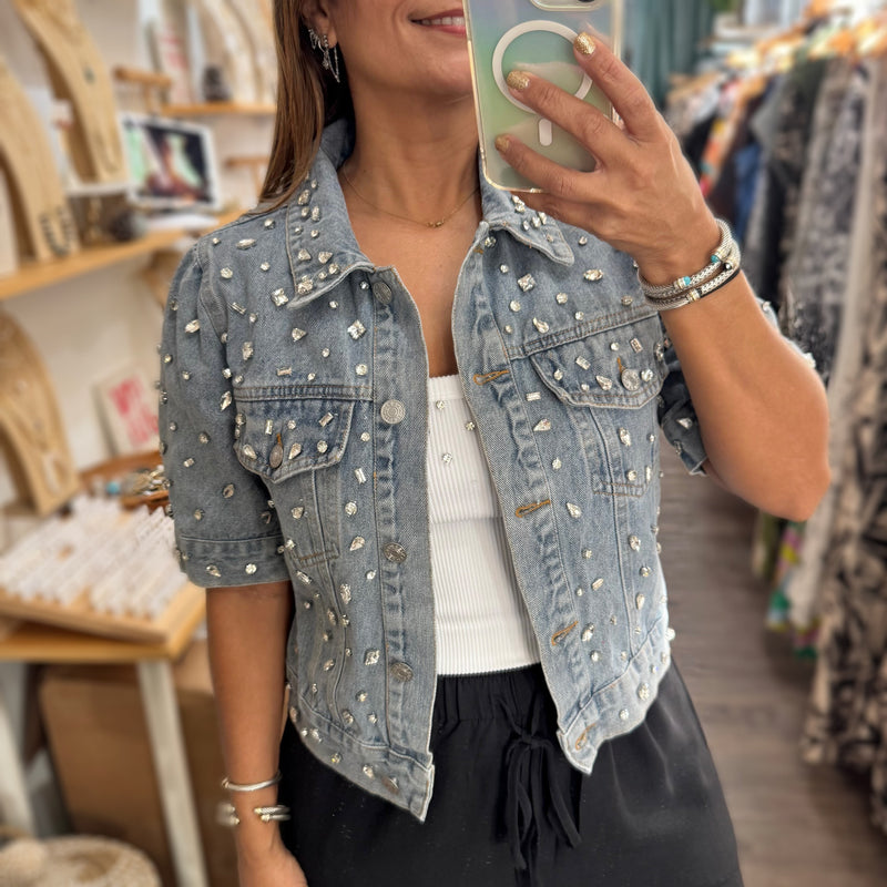 Denim Embellished Short Sleeve Jacket/Top - Peplum Clothing