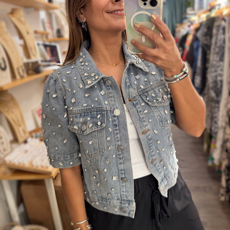 Denim Embellished Short Sleeve Jacket/Top - Peplum Clothing