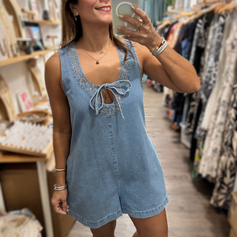 Denim Embroidered Detail Romper - Peplum Clothing