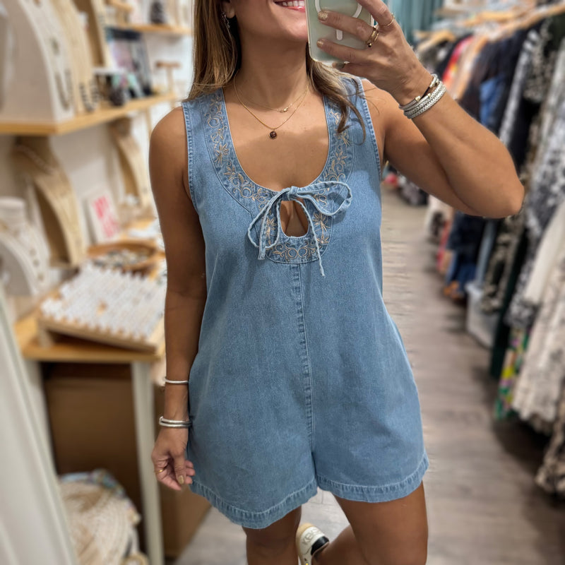 Denim Embroidered Detail Romper - Peplum Clothing