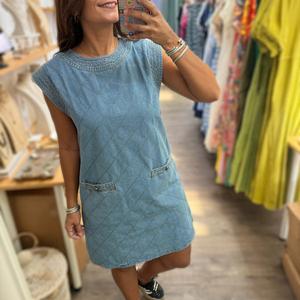 Denim Front Pockets Shift Dress - Peplum Clothing