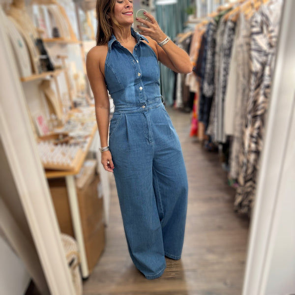 Denim Halter Button Down Jumpsuit - Peplum Clothing