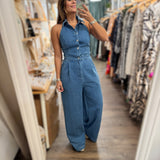 Denim Halter Button Down Jumpsuit - Peplum Clothing