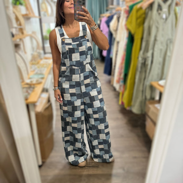 Denim Patchwork Print Overall - Peplum Clothing