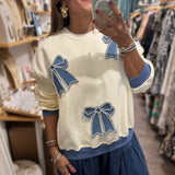 Denim & Pearls Bow Sweater Top - Peplum Clothing