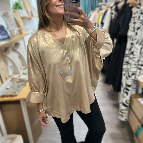 Gold Metallic Dolman Sleeve Top - Peplum Clothing