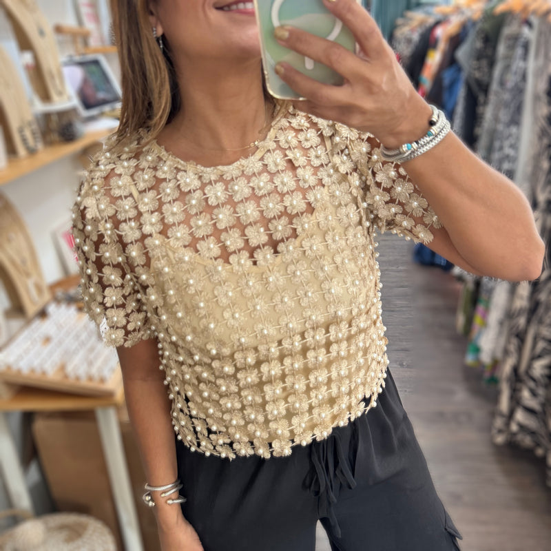 Gold Metallic Pearl Detail Top - Peplum Clothing