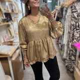 Gold Metallic V - Neck Top - Peplum Clothing